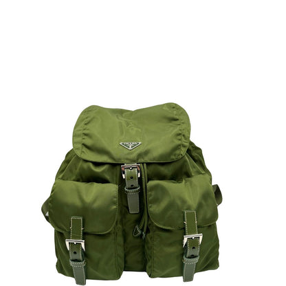 front  zaino Prada in vela verde e finiture in pelle tono su tono, di lusso, ottime condizioni, usato, originale. 