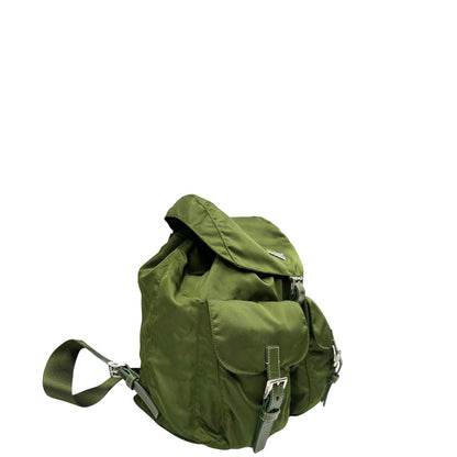 lato  zaino Prada in vela verde e finiture in pelle tono su tono, di lusso, ottime condizioni, usato, originale. 