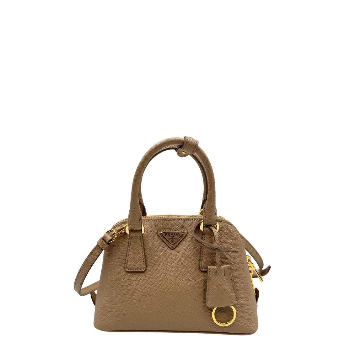 front Borsa Prada Promenade in pelle saffiano beige nella versione mini, di lusso, originale, eccellenti condizioni, usata  