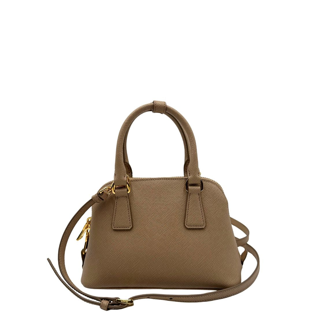 retro Borsa Prada Promenade in pelle saffiano beige nella versione mini, di lusso, originale, eccellenti condizioni, usata 