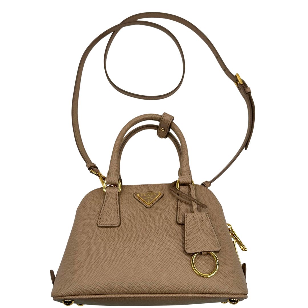 front Borsa Prada Promenade in pelle saffiano beige nella versione mini, di lusso, originale, eccellenti condizioni, usata  