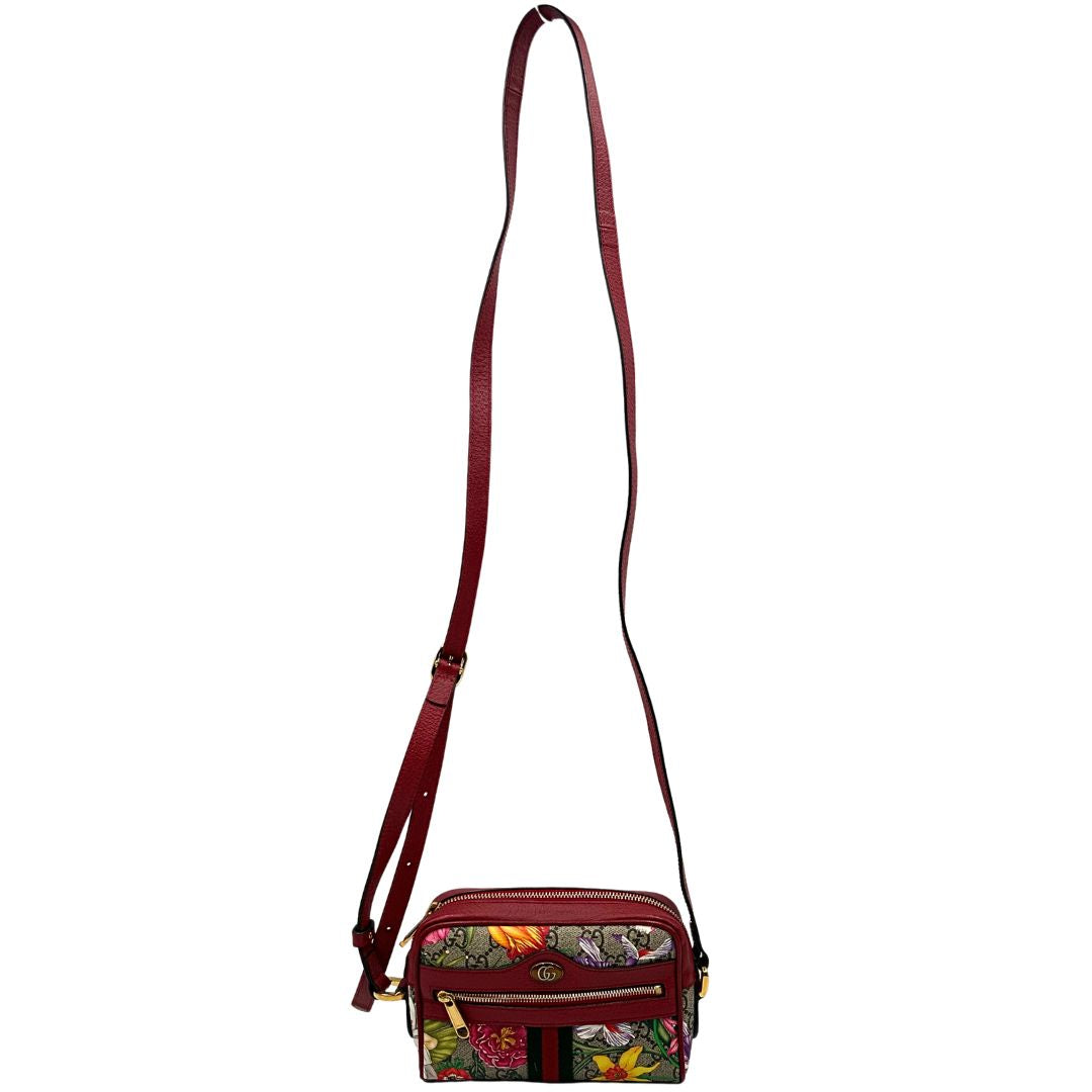 front Borsa Gucci in canvas con trama floreale e pelle rossa, di lusso, originale, ottime condizioni, usata. 