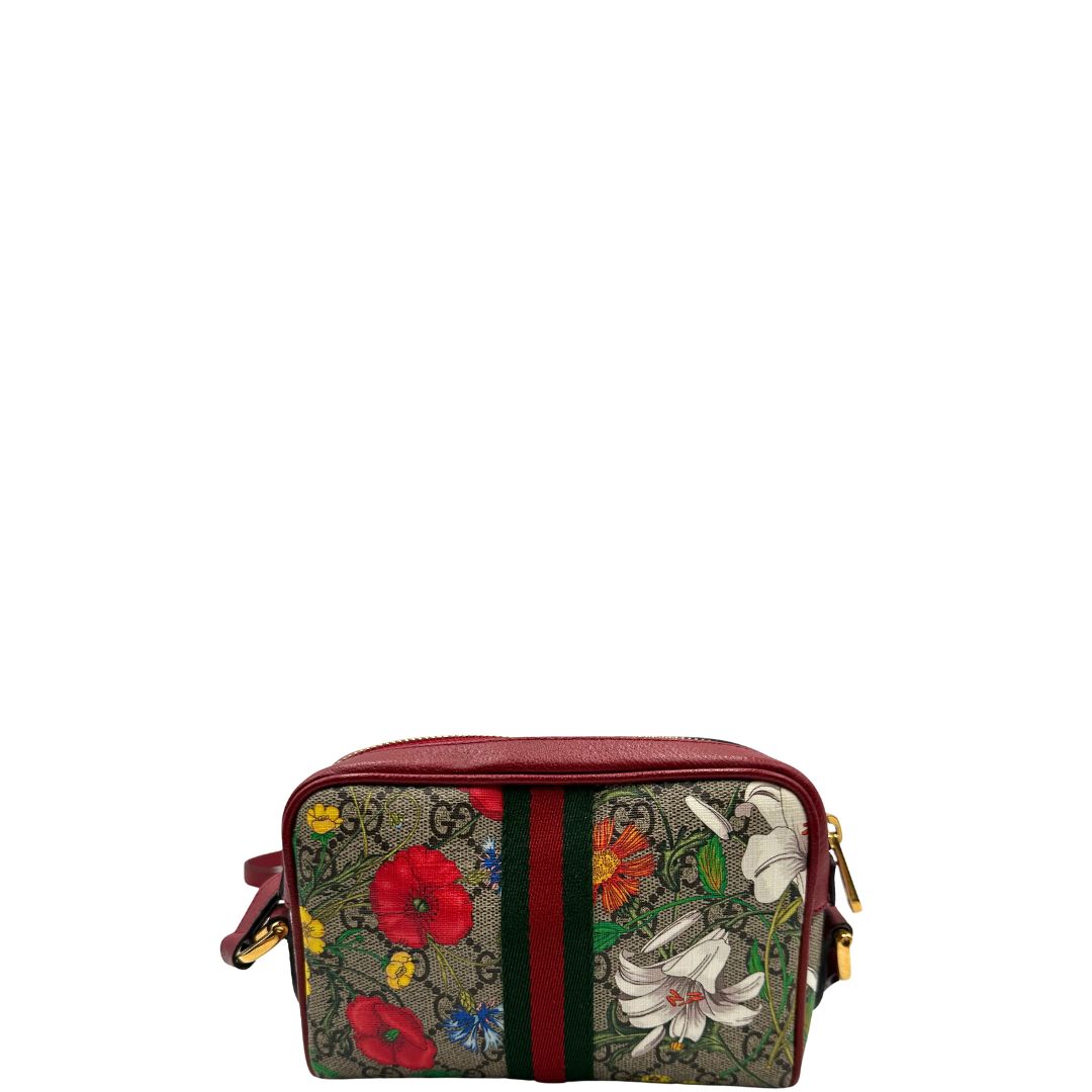retro Borsa Gucci in canvas con trama floreale e pelle rossa, di lusso, originale, ottime condizioni, usata. 