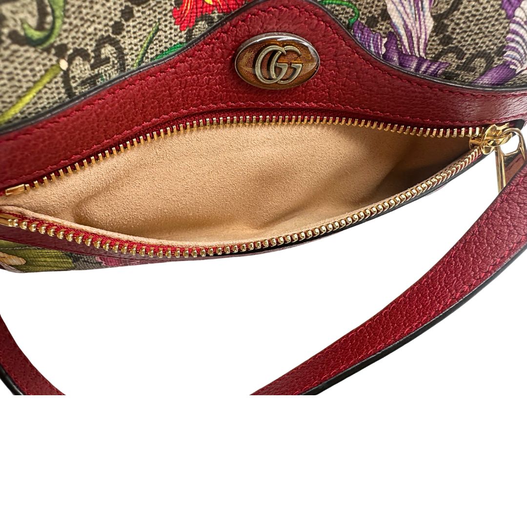 interno Borsa Gucci in canvas con trama floreale e pelle rossa, di lusso, originale, ottime condizioni, usata. 