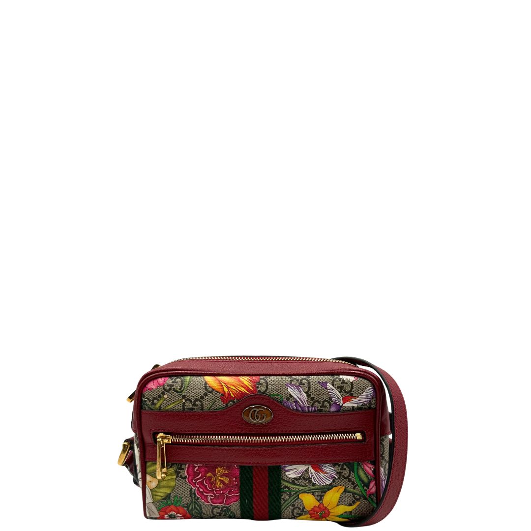 front Borsa Gucci in canvas con trama floreale e pelle rossa, di lusso, originale, ottime condizioni, usata. 