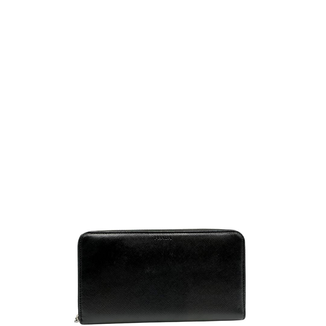 Portafoglio Prada in pelle saffiano nera, di lusso, originale, ottime condizioni, usato.