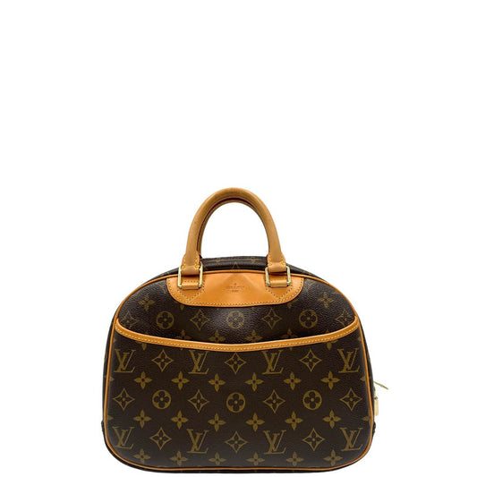 Front di una borsa LV Trouville in tela monogram e vacchetta naturale, usata, originale, second hand, in ottime condizioni.