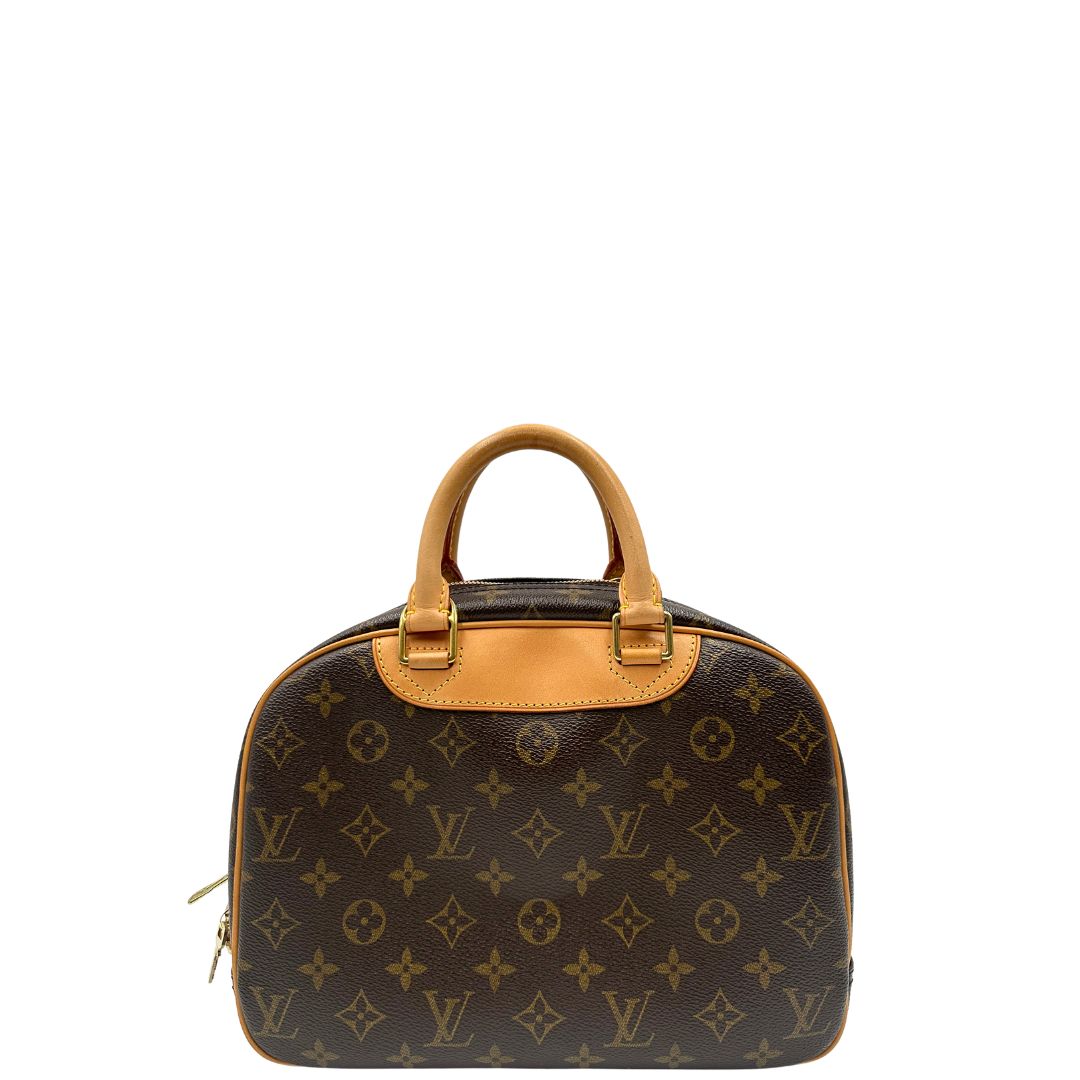 Retro di una borsa LV Trouville in tela monogram e vacchetta naturale, usata, originale, second hand, in ottime condizioni.