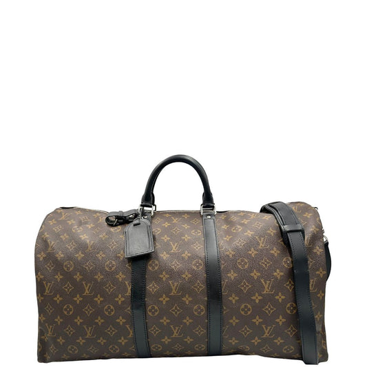 Front, Borsone da viaggio Louis Vuitton in canvas monogram marrone e finiture in pelle nera, metalliche argentate, da portare a mano oppure a spalla.