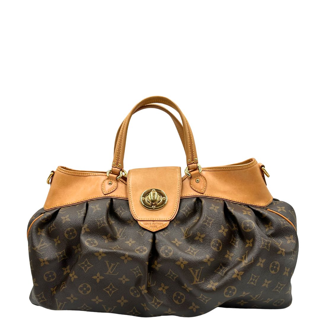 Front, Borsa LV Trouville in tela monogram e vacchetta naturale. Originale, usata, di lusso, in ottime condizioni.