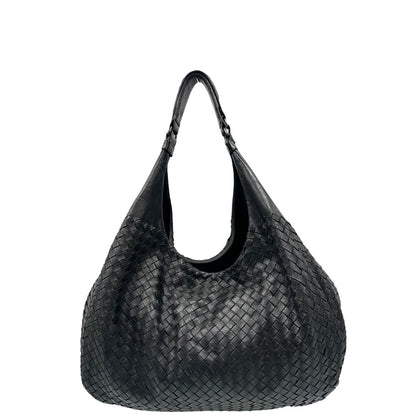 front  Borsa Bottega Veneta in pelle intrecciata nera, indossabile a spalla, di lusso, originale, ottime condizioni, usata. 