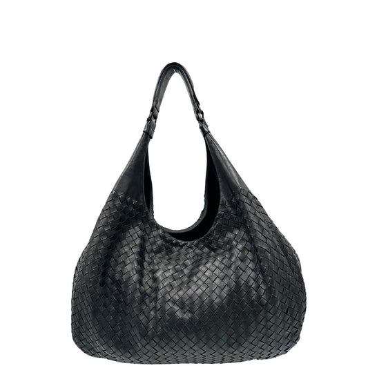 front  Borsa Bottega Veneta in pelle intrecciata nera, indossabile a spalla, di lusso, originale, ottime condizioni, usata. 