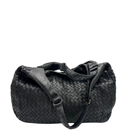 retro  Borsa Bottega Veneta in pelle intrecciata nera, indossabile a spalla, di lusso, originale, ottime condizioni, usata. 