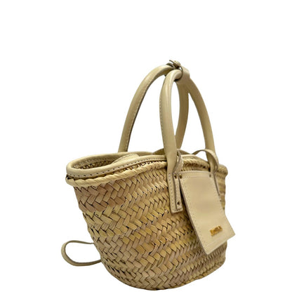 lato  Borsa Jacquemus in rafia e pelle beige, di lusso, originale, ottime condizioni, usata. 