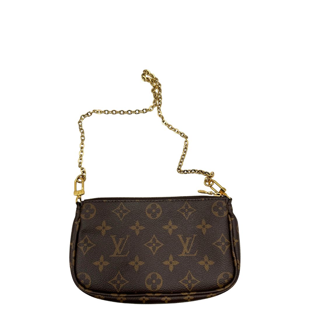 Multi Pochette Accessoires Louis Vuitton in canvas marrone monogram con dettagli in vacchetta naturale, manico in catena dorata e tracolla in tessuto Jacquard verde kaki, di lusso, originale, ottime condizioni, usata.