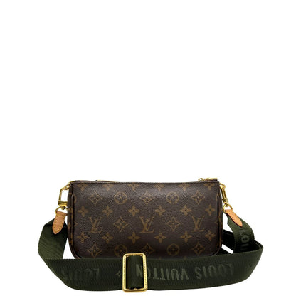 retro Multi Pochette Accessoires Louis Vuitton in canvas marrone monogram con dettagli in vacchetta naturale, manico in catena dorata e tracolla in tessuto Jacquard verde kaki, di lusso, originale, ottime condizioni, usata. 