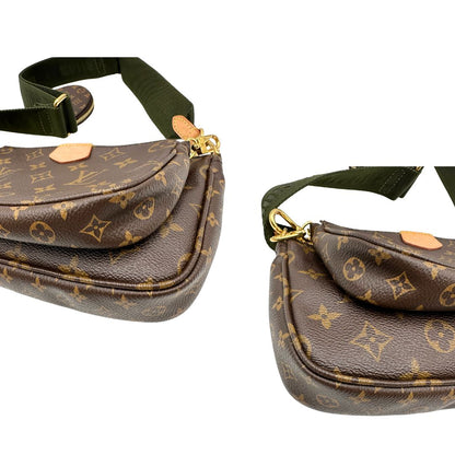 angoli Multi Pochette Accessoires Louis Vuitton in canvas marrone monogram con dettagli in vacchetta naturale, manico in catena dorata e tracolla in tessuto Jacquard verde kaki, di lusso, originale, ottime condizioni, usata. 