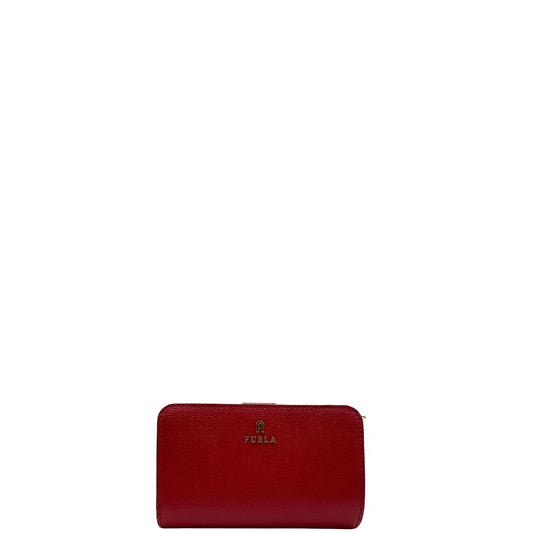 Front di un portafoglio Furla in pelle rossa e hardware dorato, usato, originale, second hand, in condizioni eccellenti.