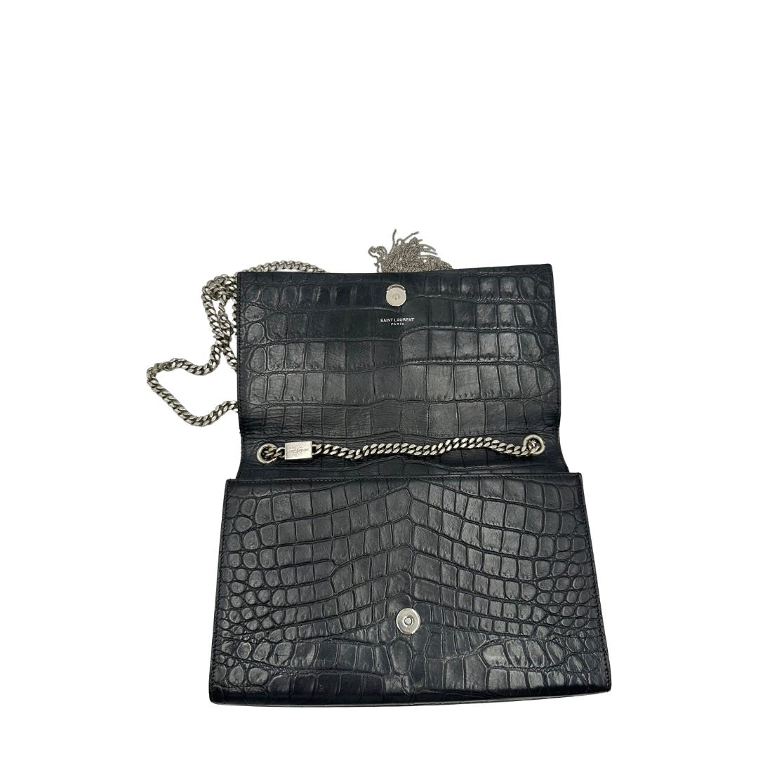 interno Borsa Saint Laurent in pelle nera cocco, di lusso, originale, ottime condizioni, usata.