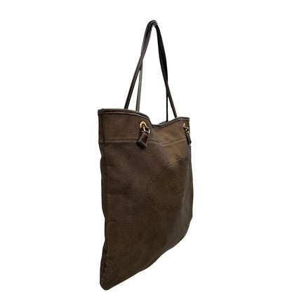 Laterale, Borsa Prada in tessuto color marrone con finiture in pelle marroni e parti metalliche argentate; Indossabile a spalla. Originale, usata, di lusso, in ottime condizioni.
