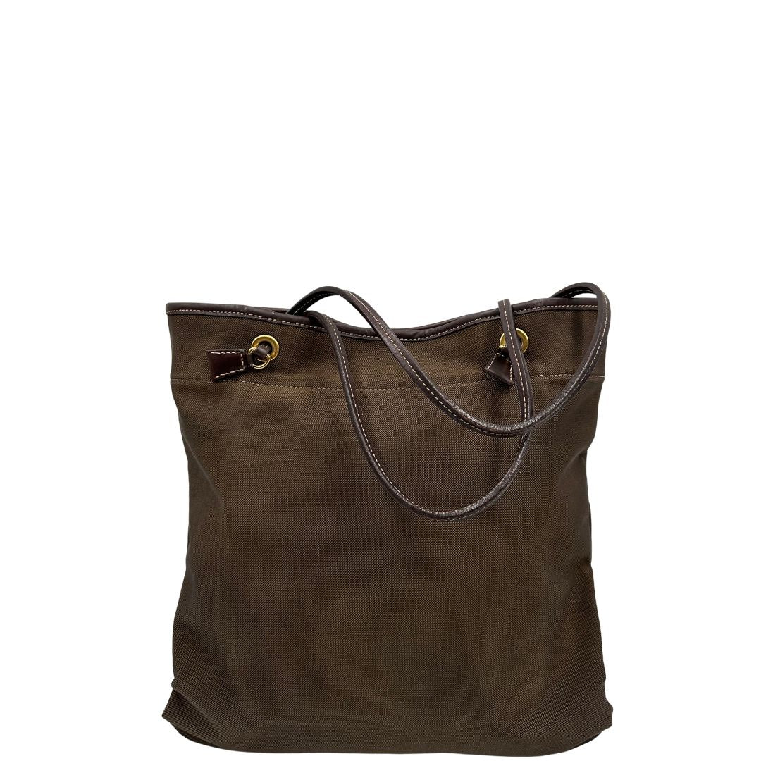 Retro, Borsa Prada in tessuto color marrone con finiture in pelle marroni e parti metalliche argentate; Indossabile a spalla. Originale, usata, di lusso, in ottime condizioni.