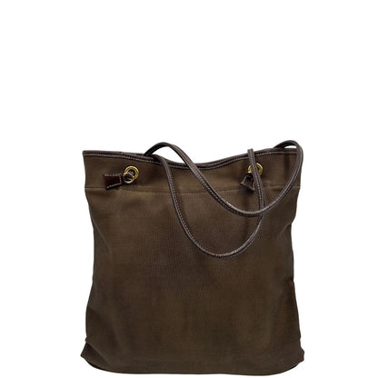 Retro, Borsa Prada in tessuto color marrone con finiture in pelle marroni e parti metalliche argentate; Indossabile a spalla. Originale, usata, di lusso, in ottime condizioni.