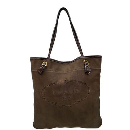 Front, Borsa Prada in tessuto color marrone con finiture in pelle marroni e parti metalliche argentate; Indossabile a spalla. Originale, usata, di lusso, in ottime condizioni.