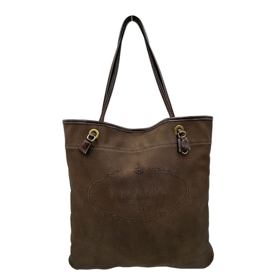 Front, Borsa Prada in tessuto color marrone con finiture in pelle marroni e parti metalliche argentate; Indossabile a spalla. Originale, usata, di lusso, in ottime condizioni.