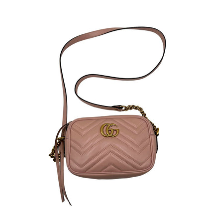 front Borsa Gucci in pelle rosa nella versione mini, di lusso, originale, ottime condizioni, usata.