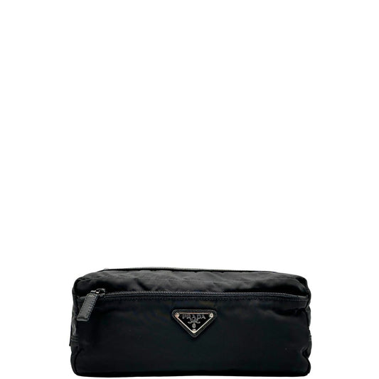 front Pochette Prada in tessuto nylon nero e finiture in pelle tono su tono, di lusso, originale, ottime condizioni, usato. 
