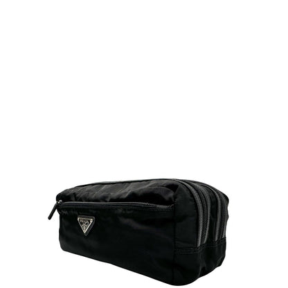 lato Pochette Prada in tessuto nylon nero e finiture in pelle tono su tono, di lusso, originale, ottime condizioni, usato. 