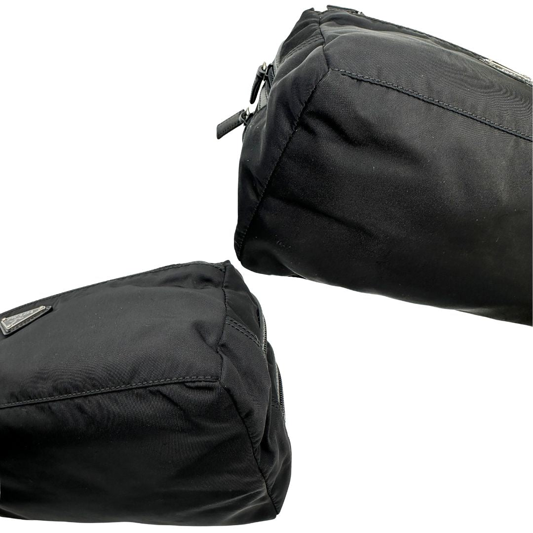 angoli Pochette Prada in tessuto nylon nero e finiture in pelle tono su tono, di lusso, originale, ottime condizioni, usato.