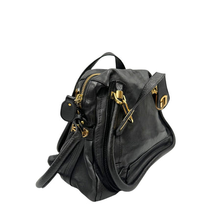 lato  Borsa Chloé in pelle nera, indossabile a spalla o a mano, di lusso, originale, ottime condizioni, usata. 
