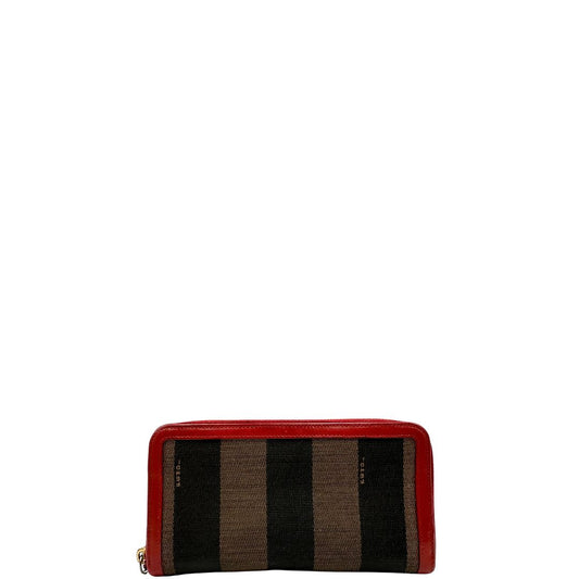 Front, Portafoglio realizzato in tessuto color tabacco trama Pequin e finiture in pelle. Originale, usato, di lusso, in ottime condizioni.