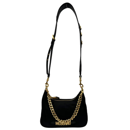 front Borsa Moschino in nylon nero, munita di un manico singolo e una tracolla amovibile e regolabile, di lusso, originale, ottime condizioni, usata. 