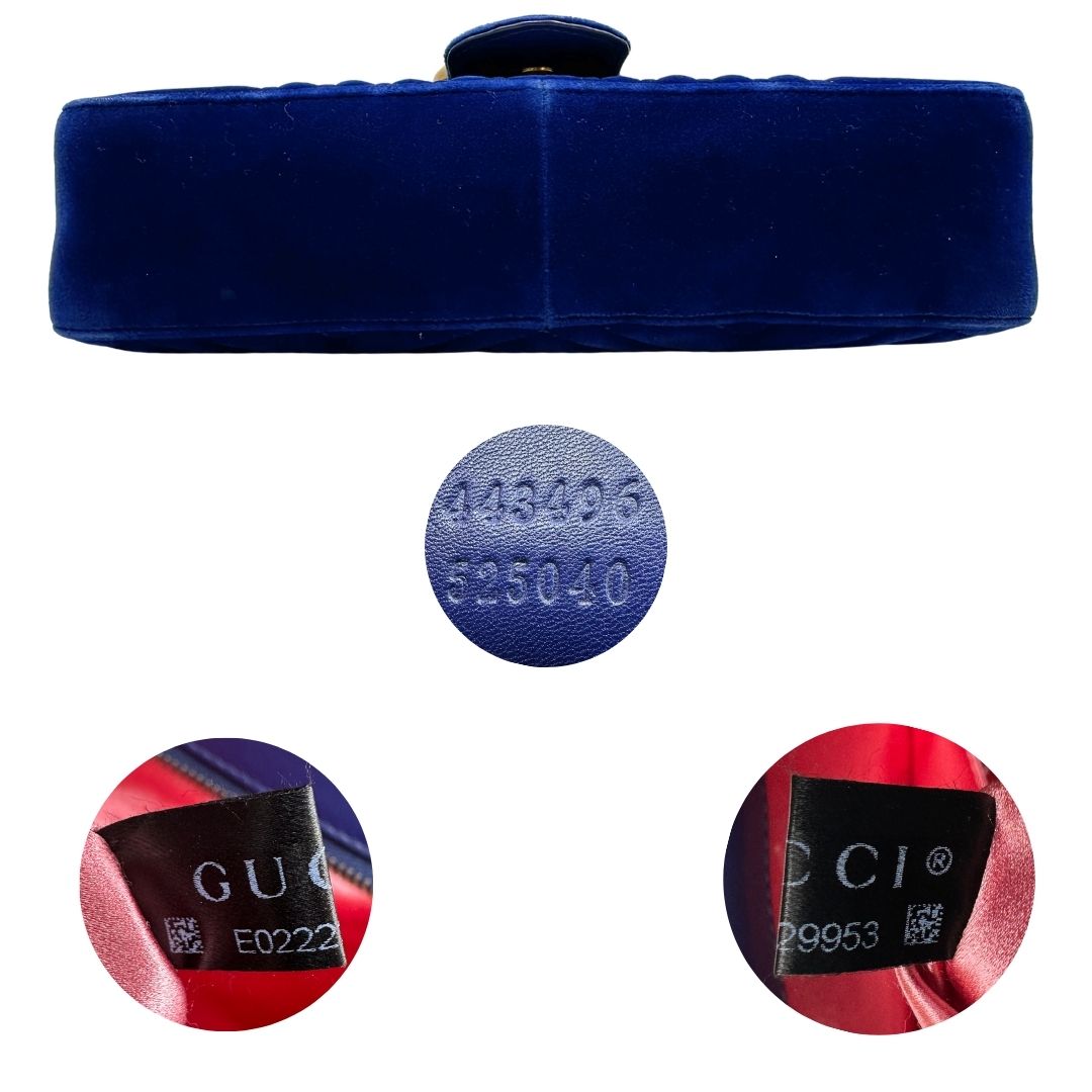 Base e codici di una borsa Gucci Marmont nella misura grande velvet color blu reale, con patchwork decorativi, usata, originale, second hand, in ottime condizioni.