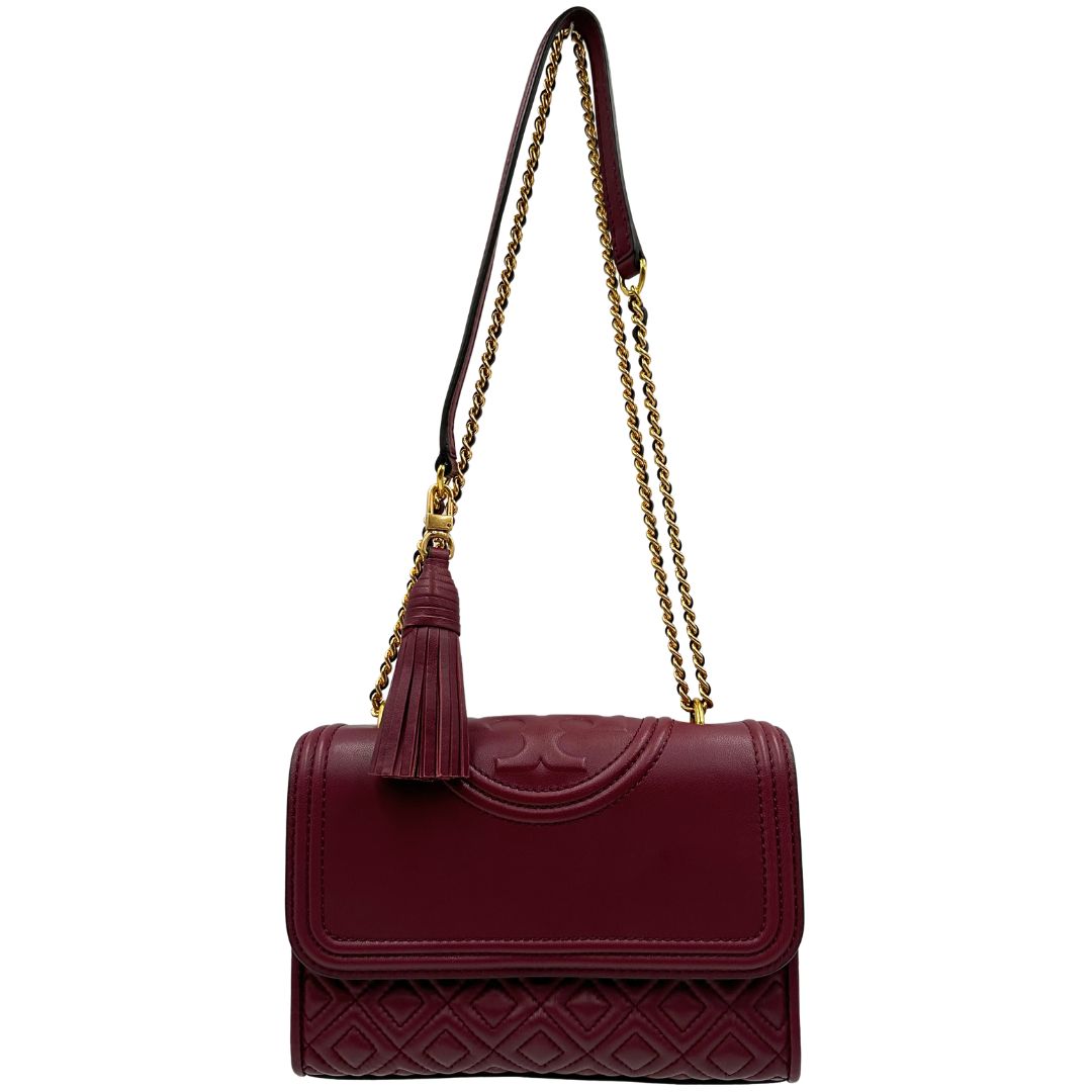 front  Borsa Tory Burch in pelle bordeaux e hardware dorato, di lusso originale, usata.