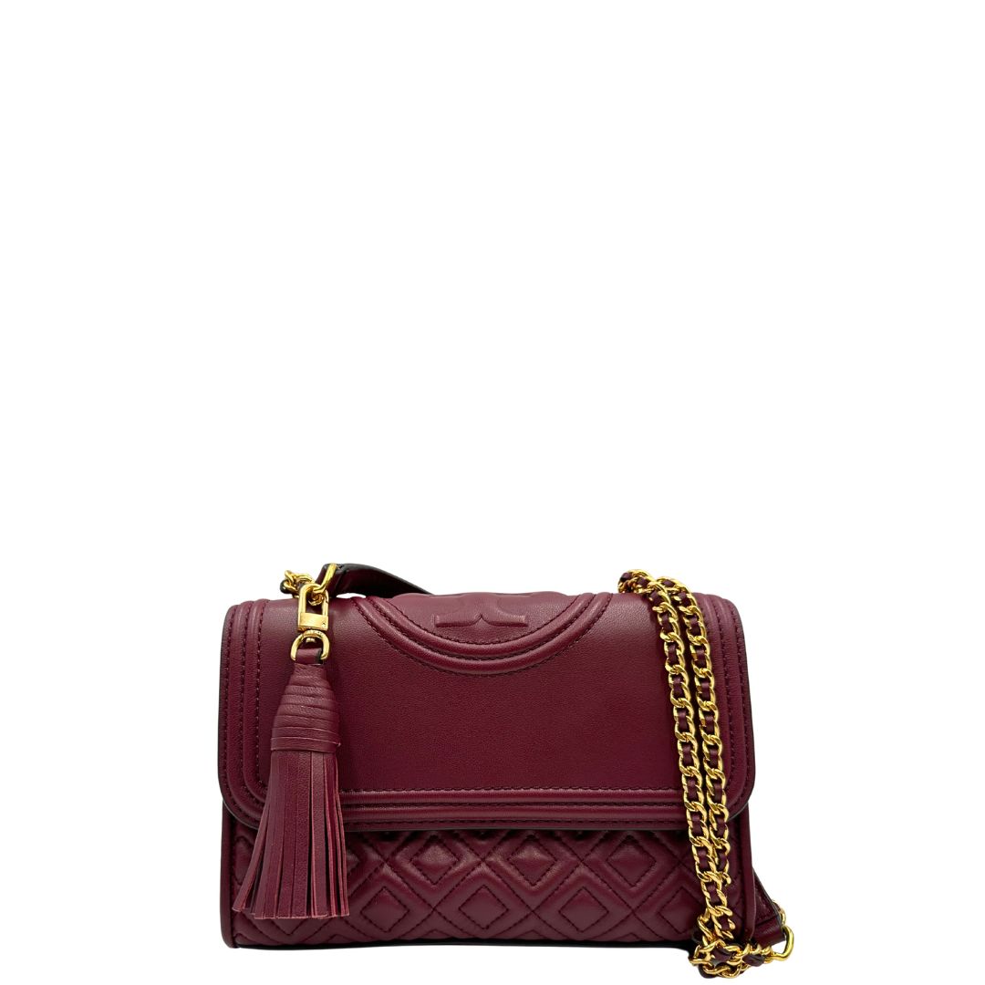 front  Borsa Tory Burch in pelle bordeaux e hardware dorato, di lusso originale, usata.