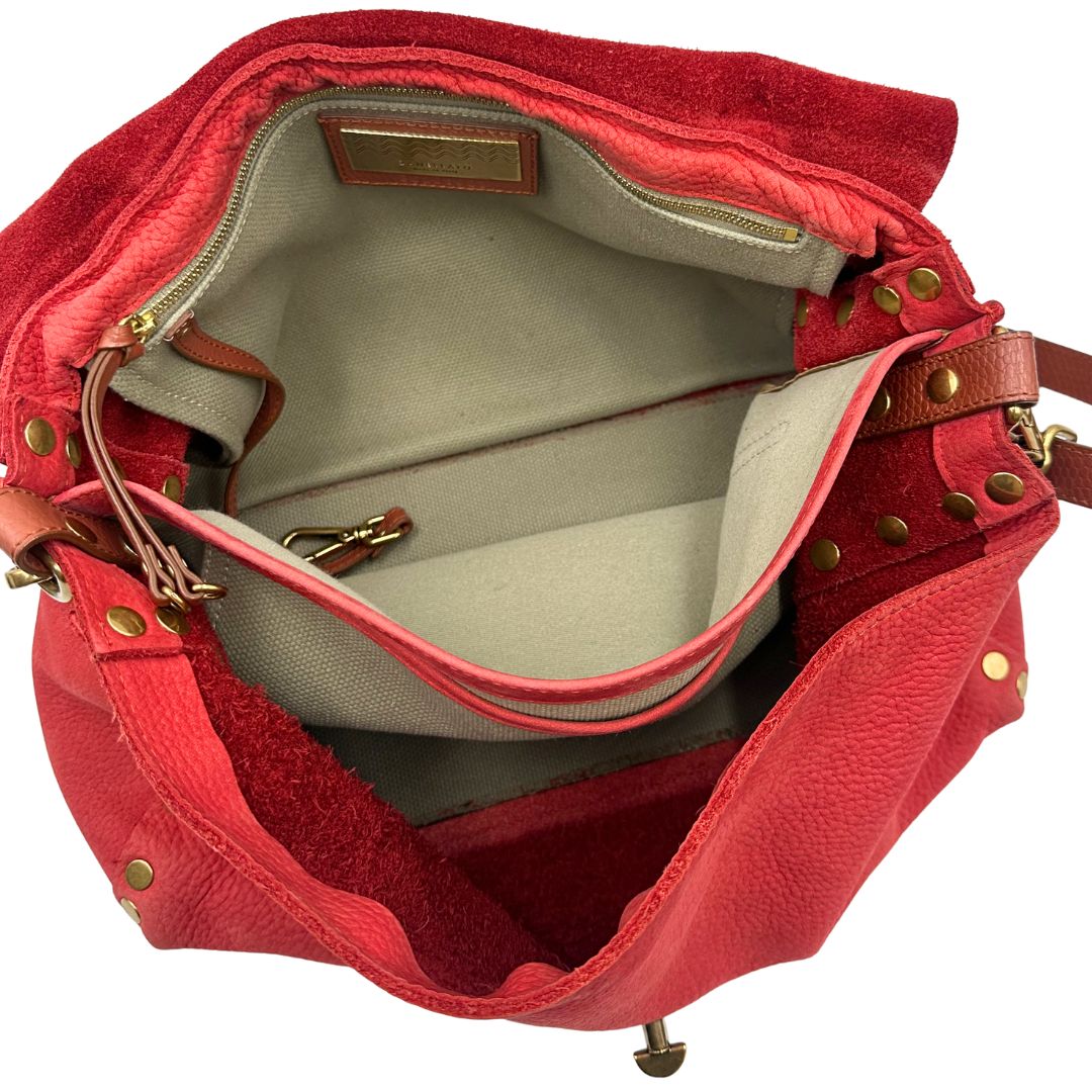 interno Postina M Zanellato in pelle scamosciata rossa munita di una tracolla amovibile e regolabile e un manico singolo, morbida e capiente, di lusso, originale. 
