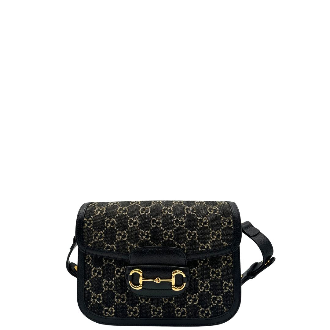  Borsa Gucci Horsebit in tessuto denim nero nella versione media, di lusso, originale, eccellenti condizioni, usata 