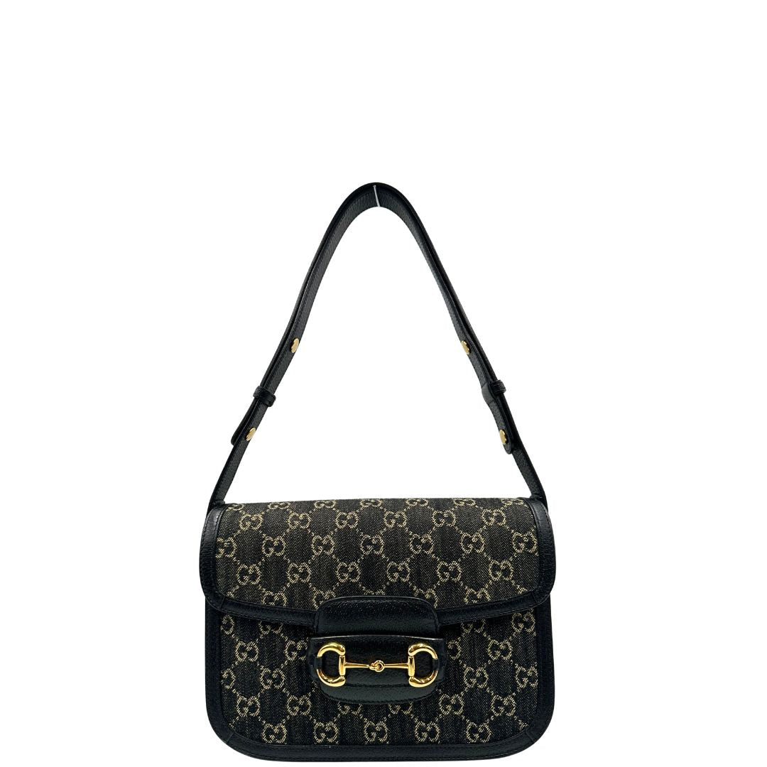  Borsa Gucci Horsebit in tessuto denim nero nella versione media, di lusso, originale, eccellenti condizioni, usata 