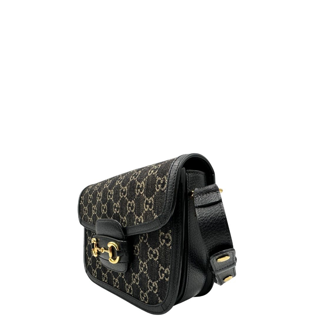  Borsa Gucci Horsebit in tessuto denim nero nella versione media, di lusso, originale, eccellenti condizioni, usata 