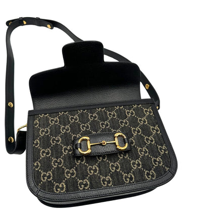  Borsa Gucci Horsebit in tessuto denim nero nella versione media, di lusso, originale, eccellenti condizioni, usata 