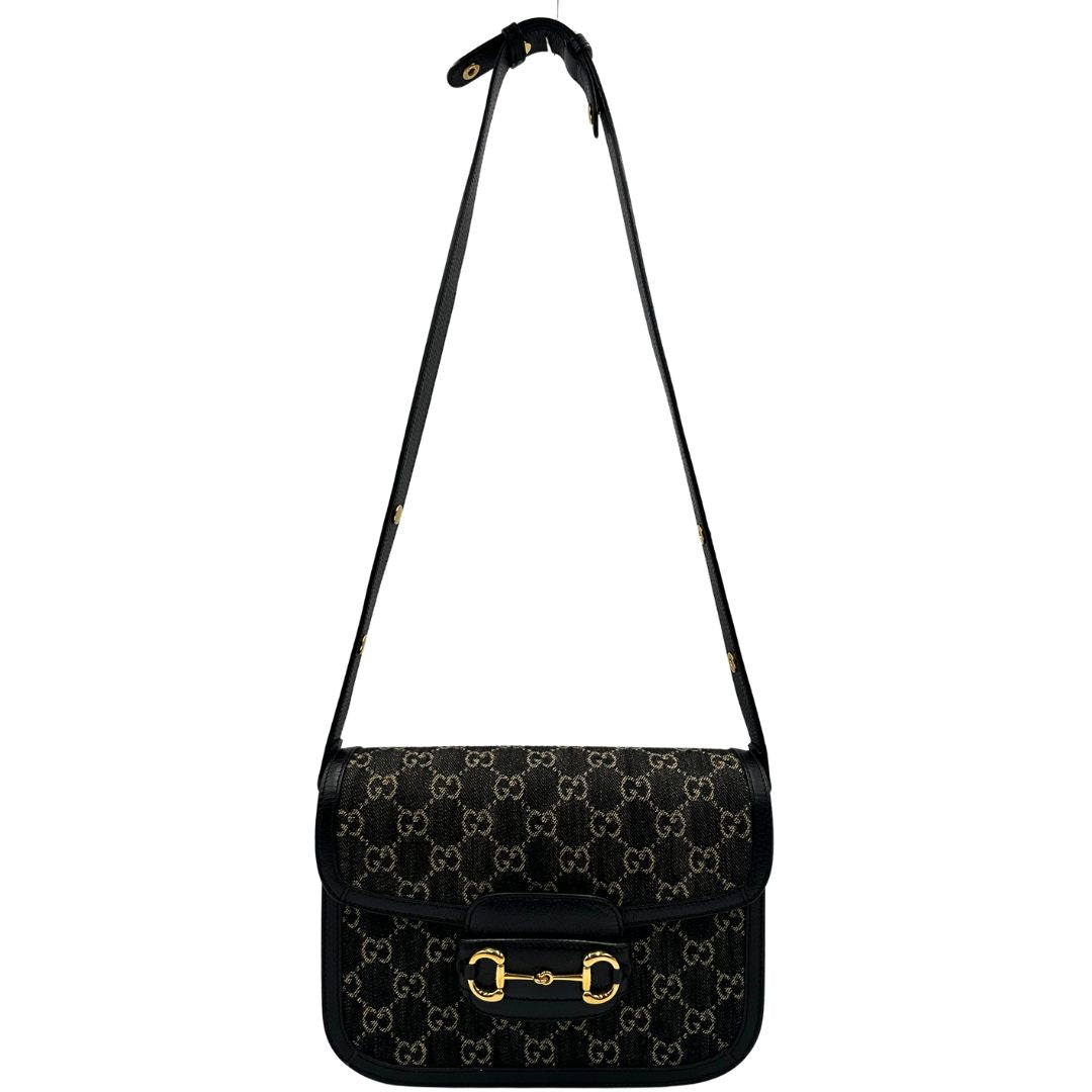  Borsa Gucci Horsebit in tessuto denim nero nella versione media, di lusso, originale, eccellenti condizioni, usata 