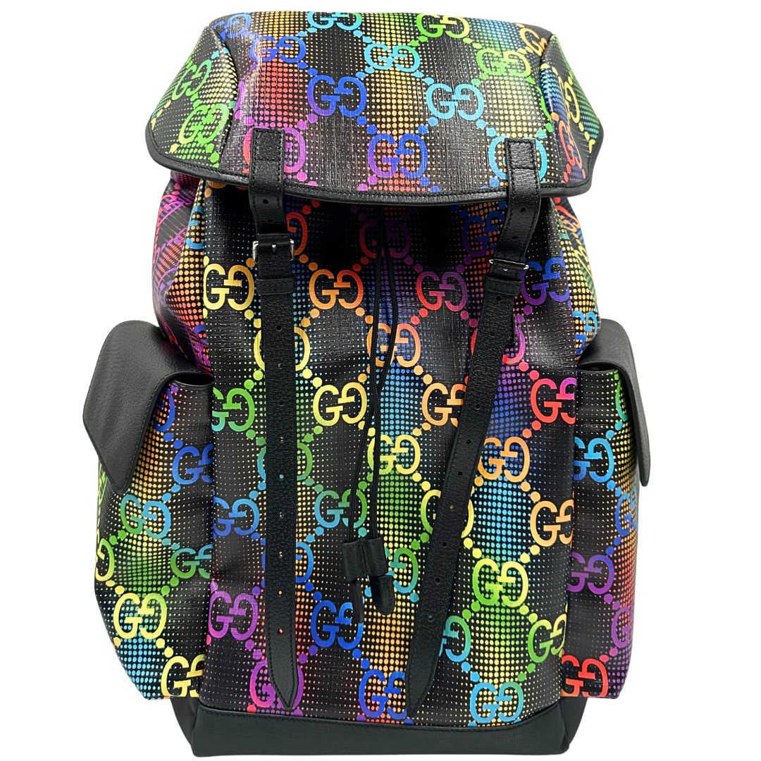 Front di un maxi zaino Gucci in tela e pelle nera, dalla colorata tra GG Supreme, usato, originale, second hand, in condizioni eccellenti.