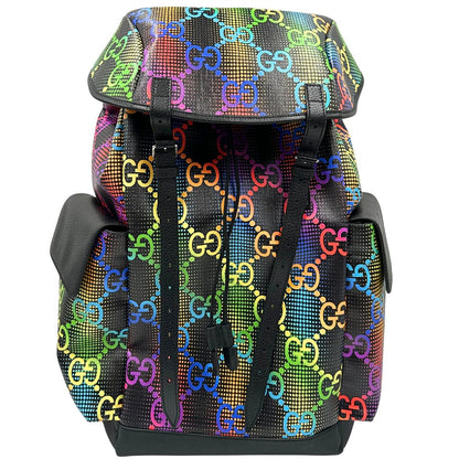 Front di un maxi zaino Gucci in tela e pelle nera, dalla colorata tra GG Supreme, usato, originale, second hand, in condizioni eccellenti.