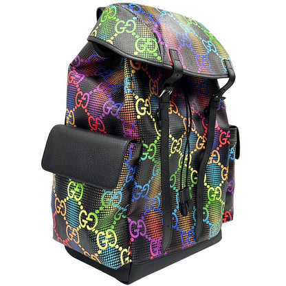 Laterale sinistro di un maxi zaino Gucci in tela e pelle nera, dalla colorata tra GG Supreme, usato, originale, second hand, in condizioni eccellenti.