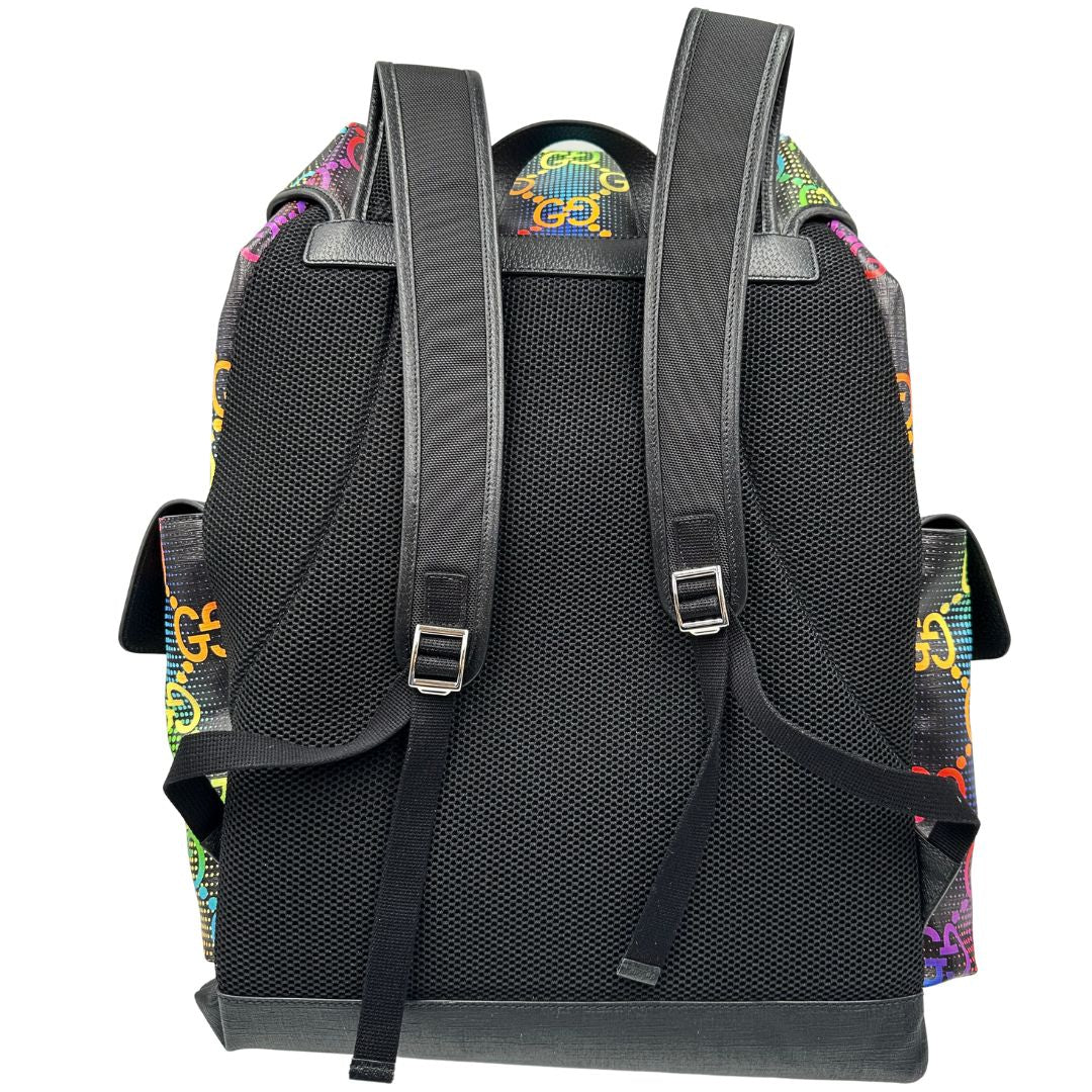 Retro di un maxi zaino Gucci in tela e pelle nera, dalla colorata tra GG Supreme, usato, originale, second hand, in condizioni eccellenti.