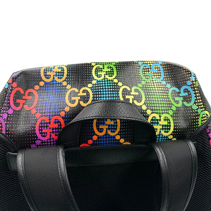 Manico di un maxi zaino Gucci in tela e pelle nera, dalla colorata tra GG Supreme, usato, originale, second hand, in condizioni eccellenti.