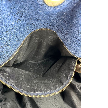 Borsa Falabella nella versione fold over tote in feltro blu e hardware dorato, di lusso, originale, ottime condizioni.